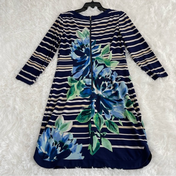 VINCE CAMUTO Navy Blue Striped Iris Dress Women’s Size 8 3/4 Sleeve Zip Back - Picture 2 of 7